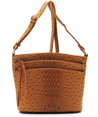 Ostrich Croc Multi Zip Pocket Crossbody Bag OS059 MUSTARD